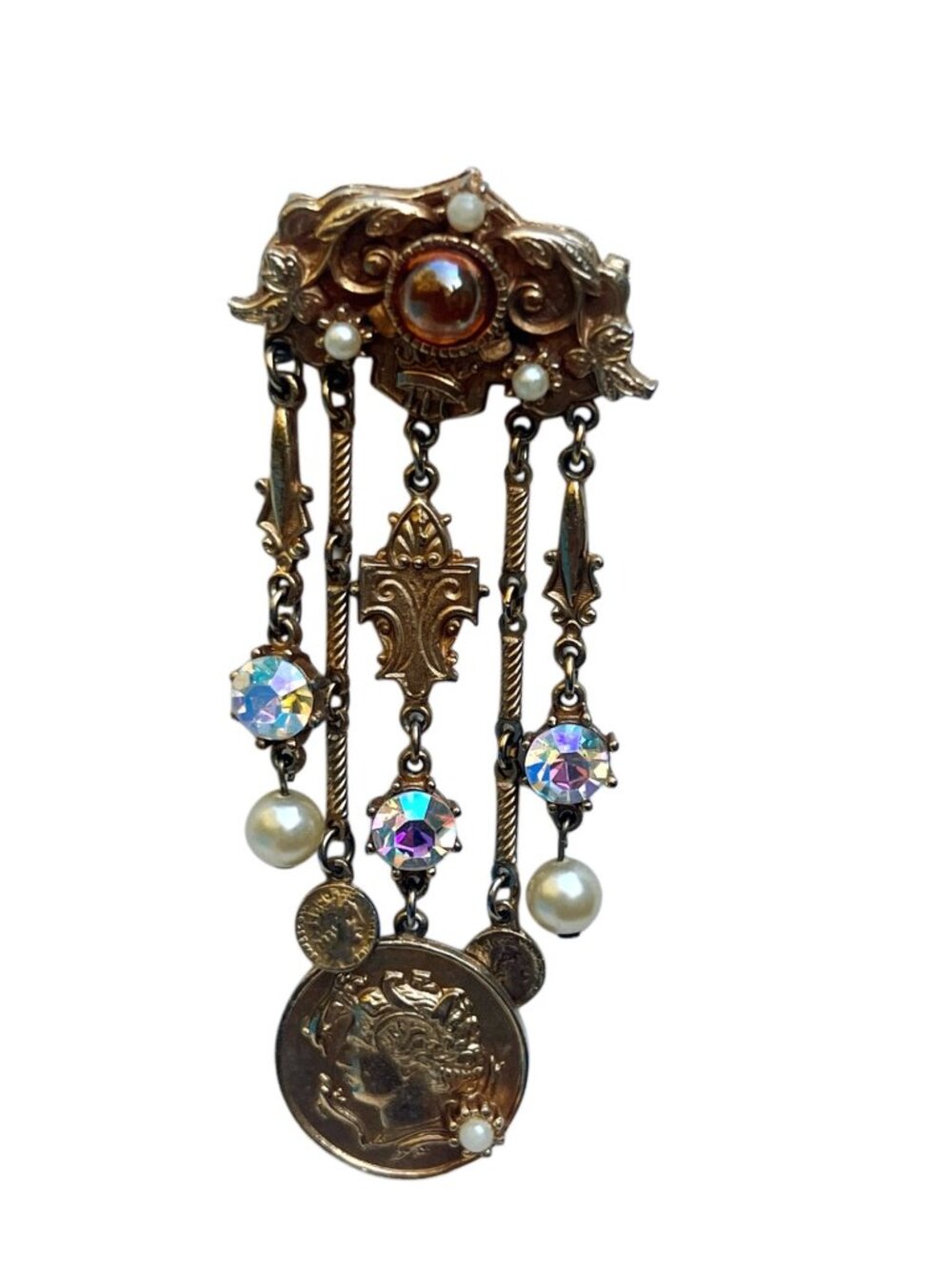 Vintage Gold Tone Brooch With Faux Pearls Rhinestones & Coin Motif Victorian Sty - Picture 3 of 9